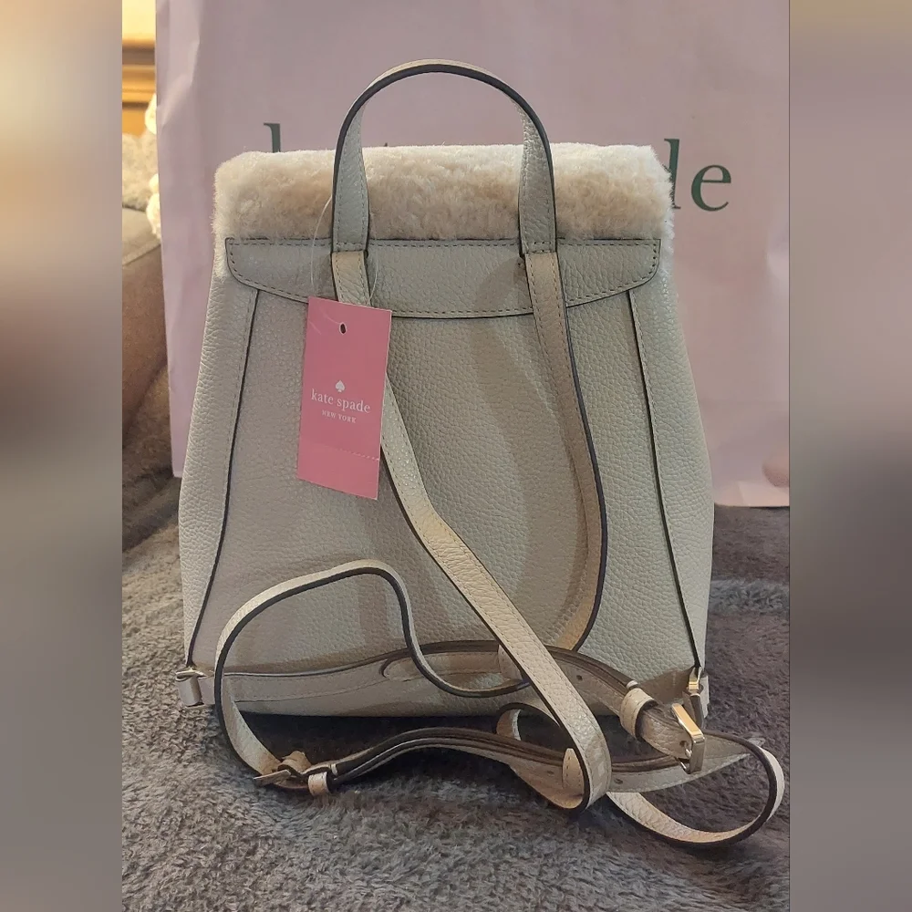 Kate Spade Leila Leather Medium Flap Backpack Faux Shearling in Light Sand